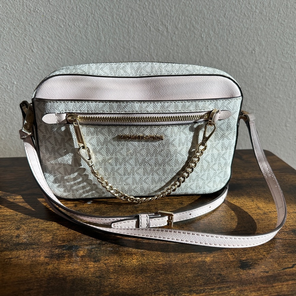 Michael Kors Light Pink & Cream Logo Crossbody with Gold Chain